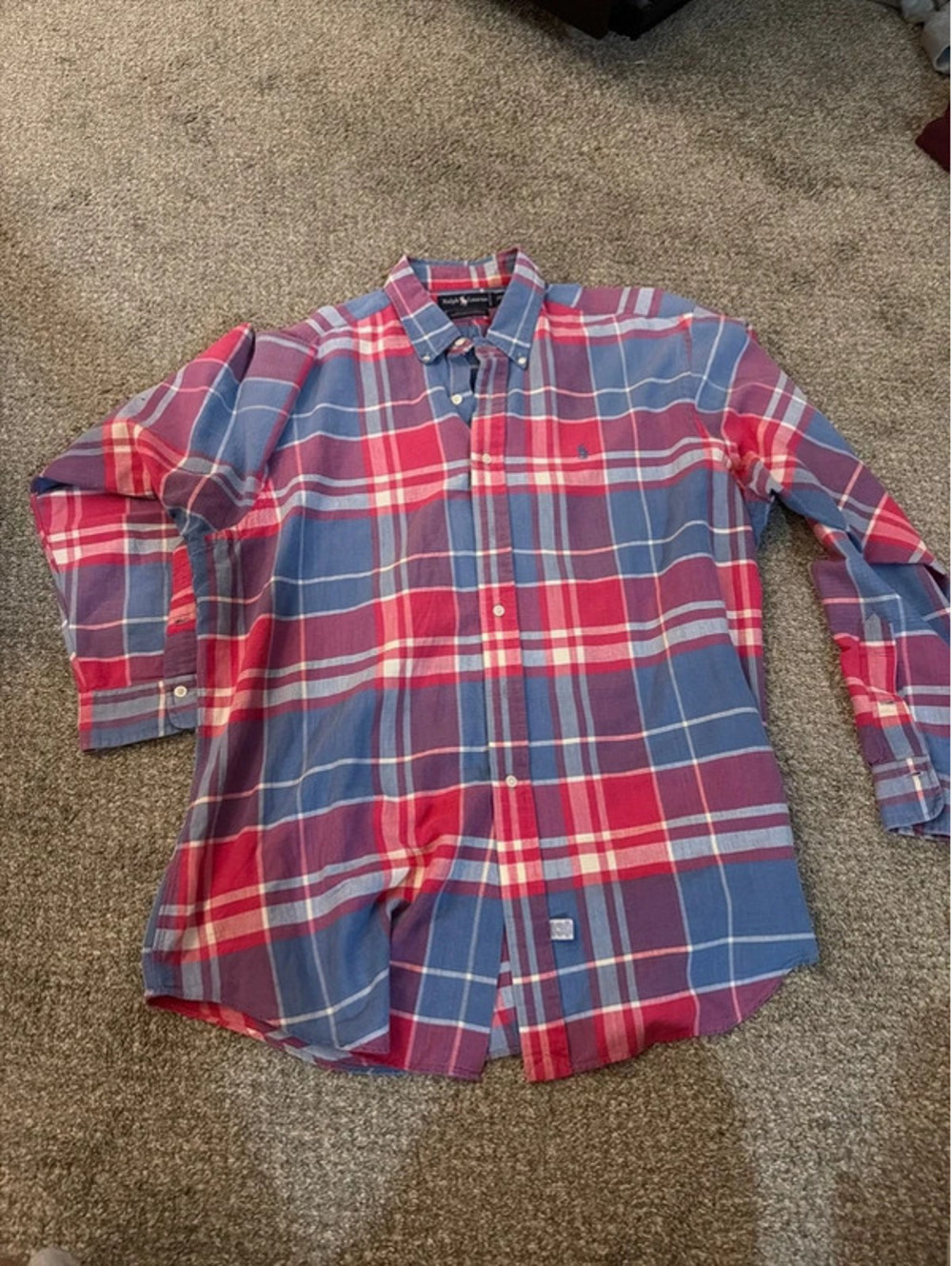 Vintage cotton madras button-down shirt by Ralph Lauren in size XXL.